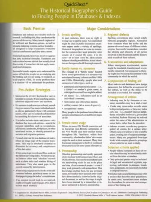 QuickSheet: The Historical Biographer's Guide to Finding People in Databases & Indexes by Elizabeth Shown Mills