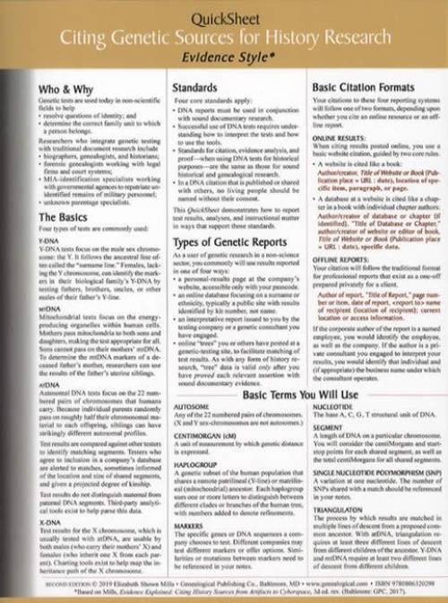 QuickSheet: Citing Genetic Sources for History Research, Evidence Style, 2nd Ed by Elizabeth Shown Mills
