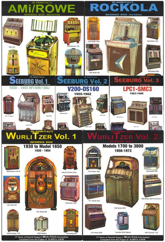 7 BOOKS: Dr Know It All's AMI/Rowe, Rockola, Seeburg, and Wurlitzer Jukeboxes by Harold Hagan