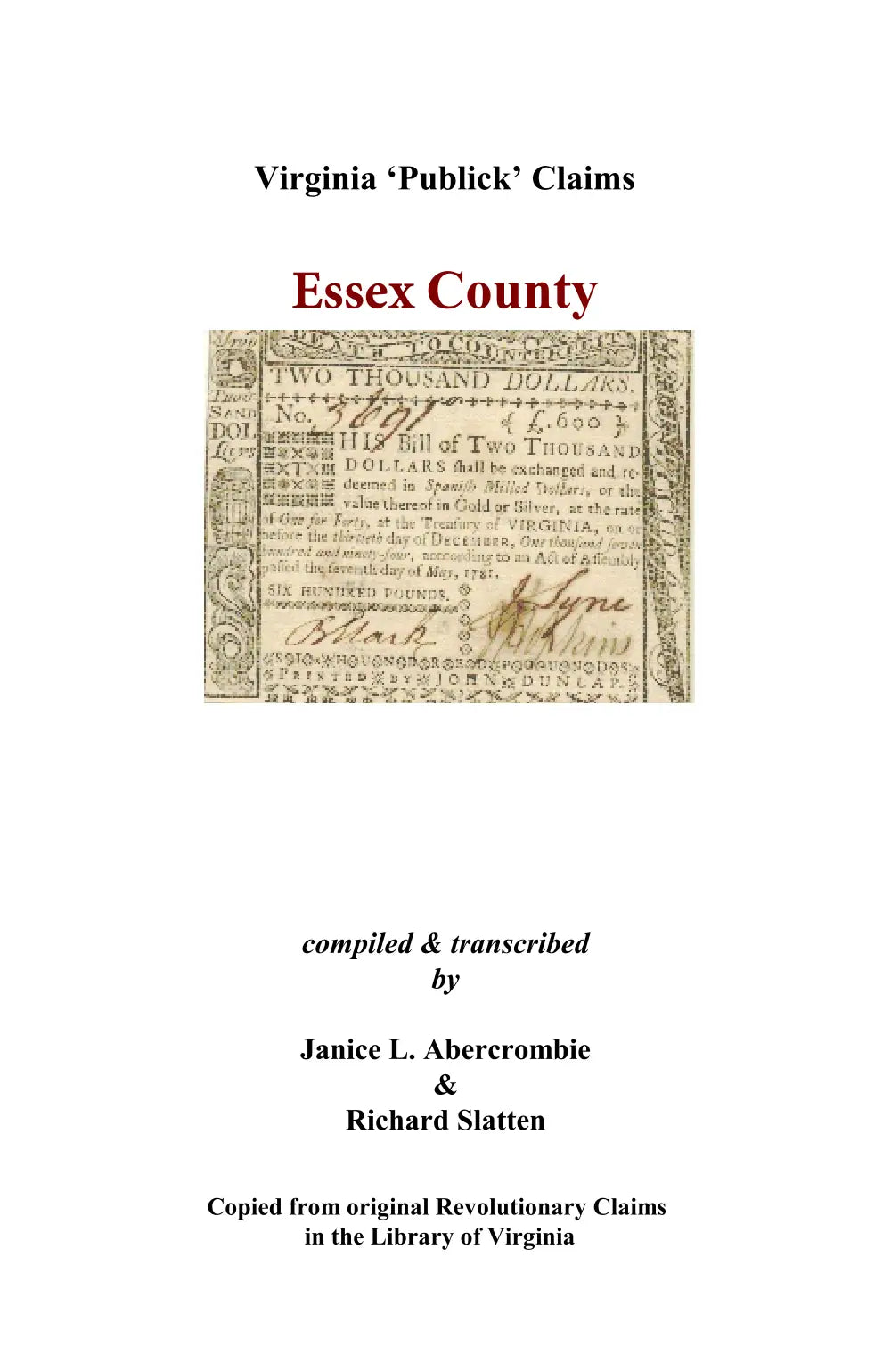 Essex County, Virginia Revolutionary "Publick" Claims