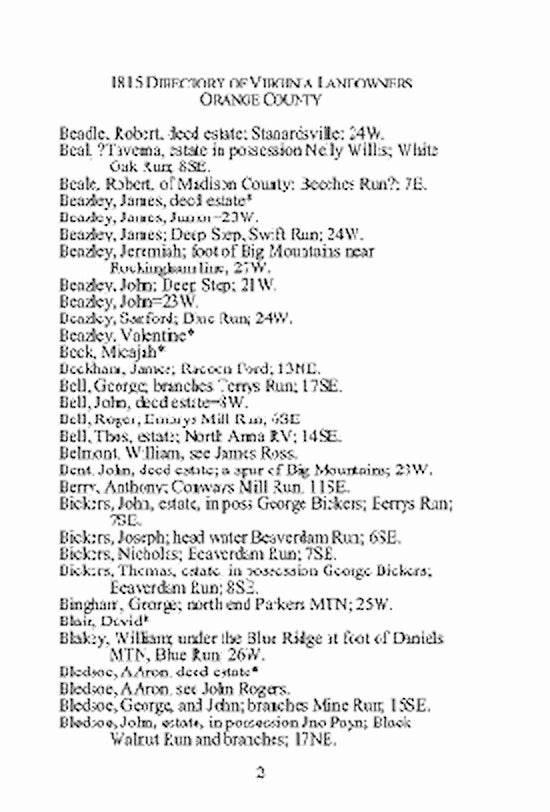 1815 Directory of Virginia Landowners: Independent City of Fredericksburg, Virginia