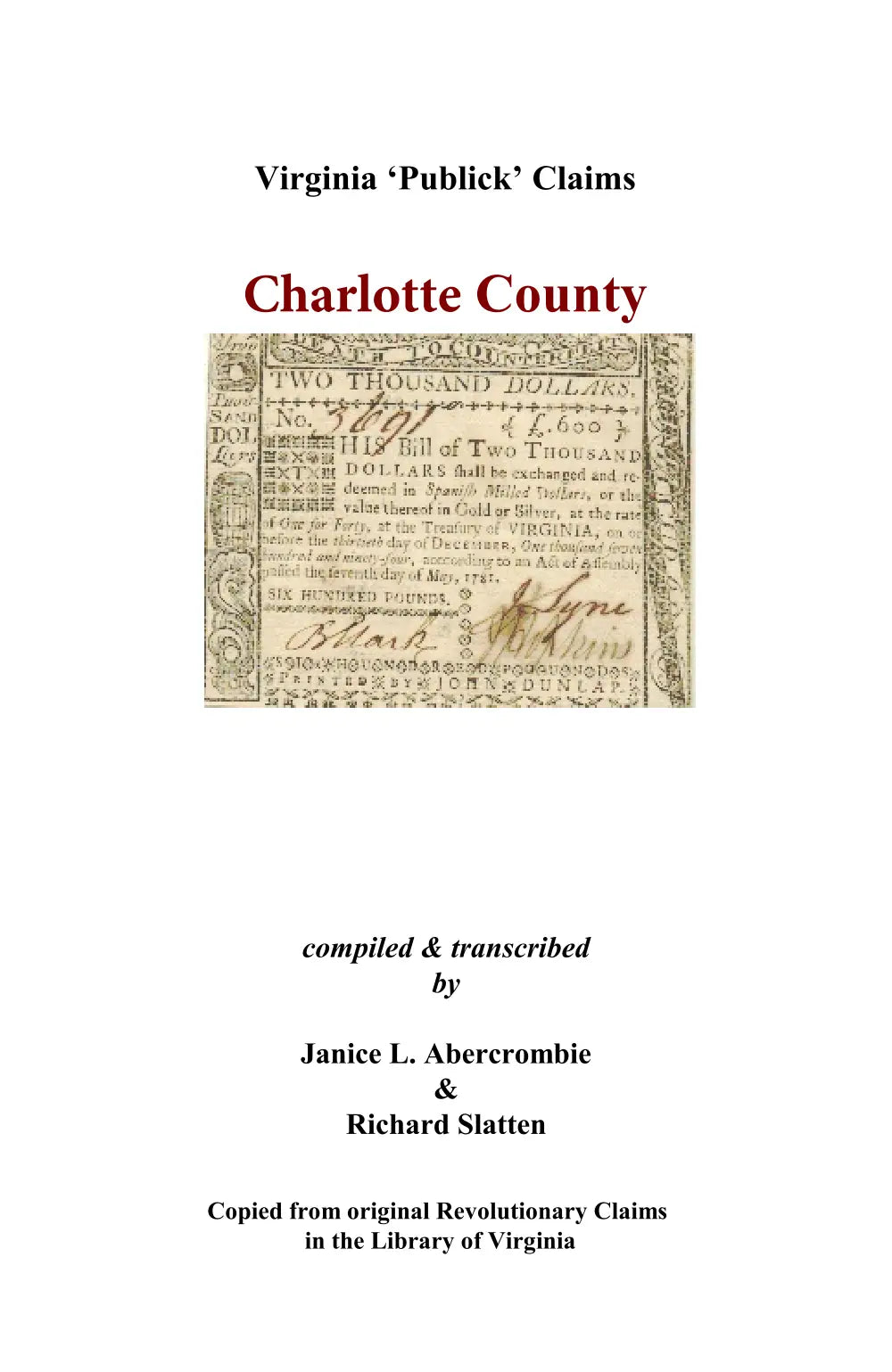 Charlotte County, Virginia Revolutionary "Publick" Claims