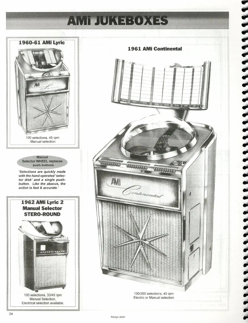 Inside pages of Always Jukin' Guide showing jukebox models, prices and historical information