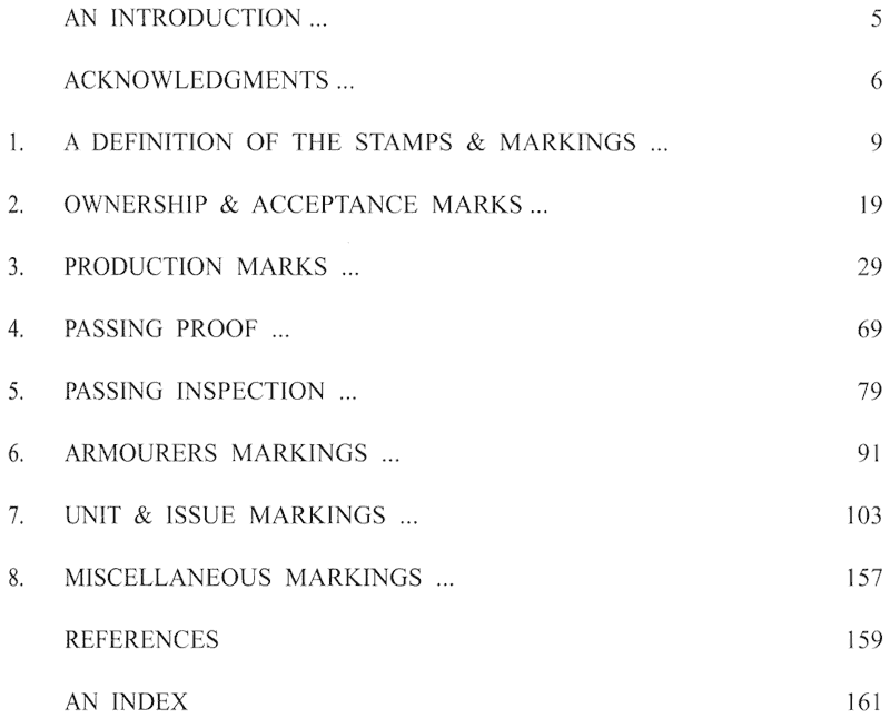 Table of contents for Broad Arrow Mk 2 showing chapters on British military markings and unit stamps