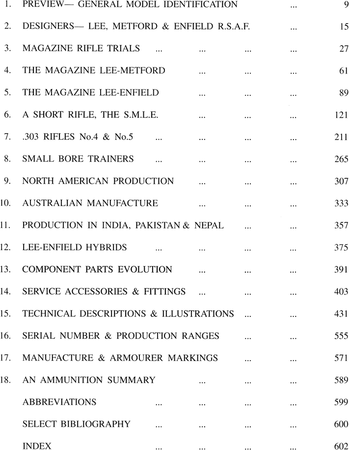 Table of contents for Lee-Enfield reference showing 608 pages of rifle specifications and history.