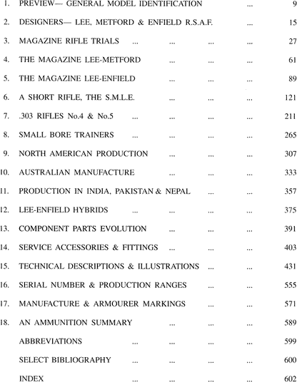 Table of contents for Lee-Enfield reference showing 608 pages of rifle specifications and history.